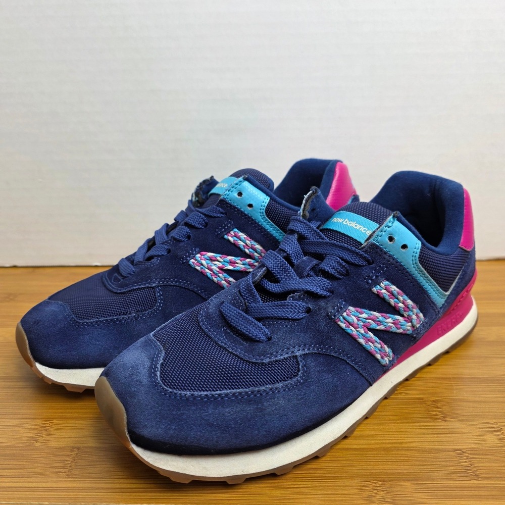 New Balance 574 Navy Pink Braided N Logo Sneakers WL574LDM Womens 9B